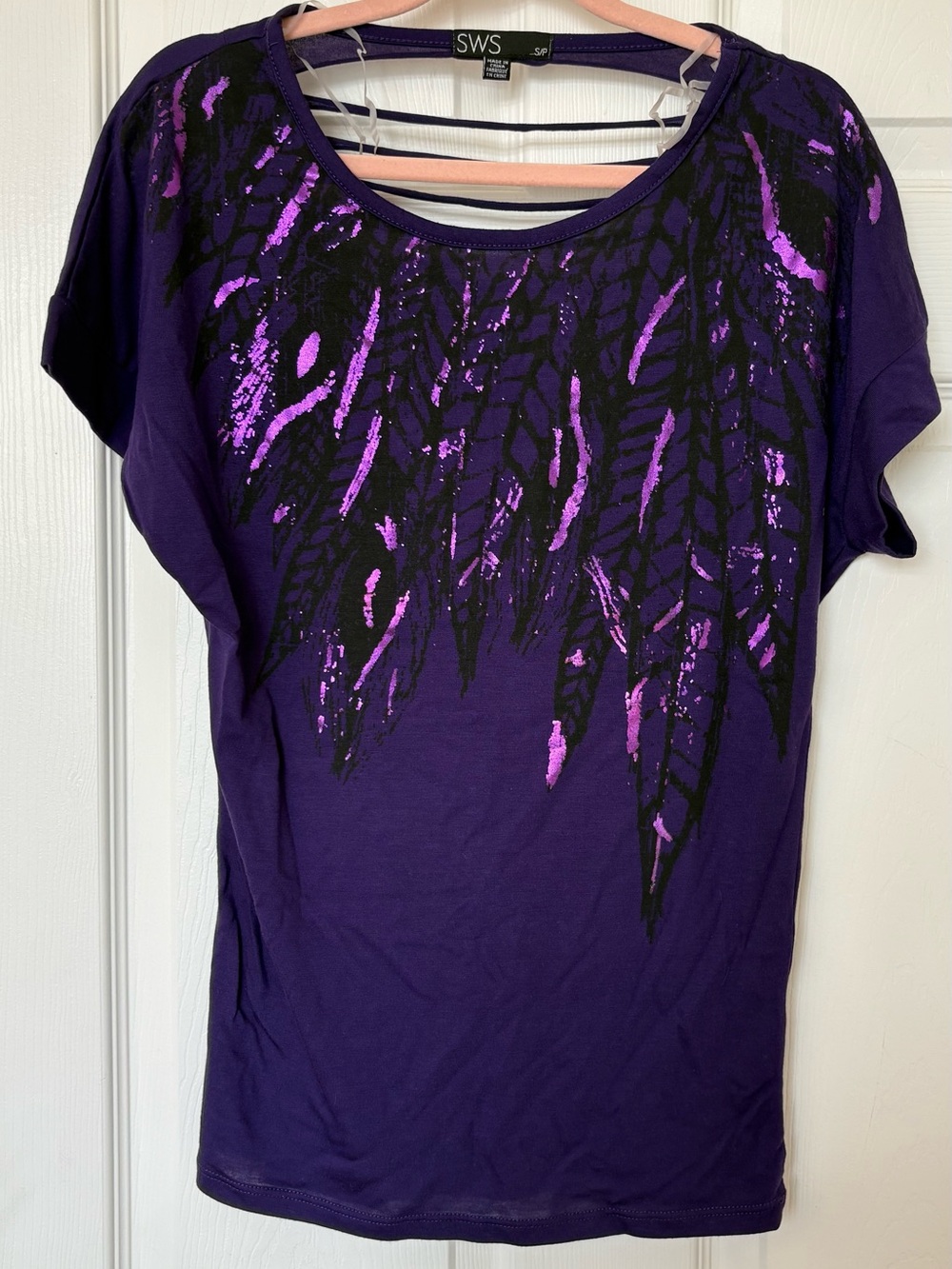 Purple Graphic Cutout Back Short-Sleeve Women's Top